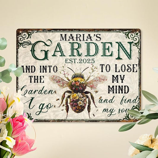 Custom Garden Signs Personalized Metal Tin Sign for Women, Retro Funny Bee Metal Sign for Outdoor, Patio, Yard Rustic Home Decor Gift for Mothers Day, Grandmas, and Gardening Lovers