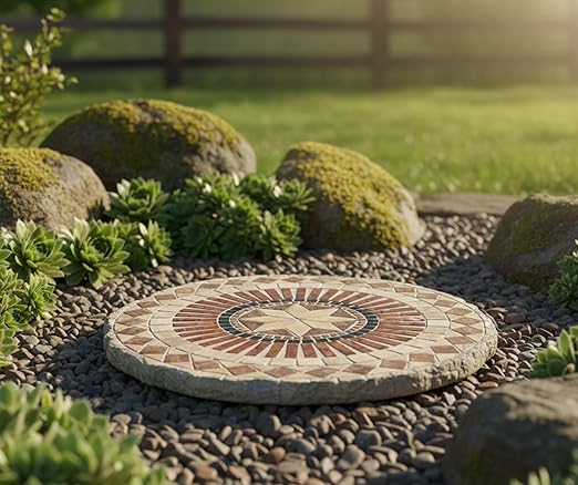 Magnolia Garden 10-Inch Geometric Mosaic Decorative Stepping Stone – Earth Tone Sunburst Resin Garden Walkway Tile – Mediterranean Style Outdoor Accent – Moroccan Patterned Patio & Yard Decoration
