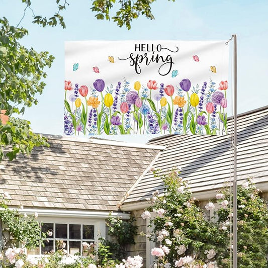 AVOIN colorlife Hello Spring Tulip Lavender House Flag 3x5 FT Double Sided, Seasonal Flower Large Banner Yard Outdoor Flag