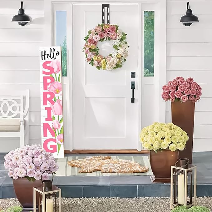 Hello Spring Porch Sign Tulip Wooden Welcome Sign Vertical Spring Hanging Signs For Standing Front Porch Decor Rustic Wall Decor Home Farmhouse Yard Door Spring Decorations 47.2"H