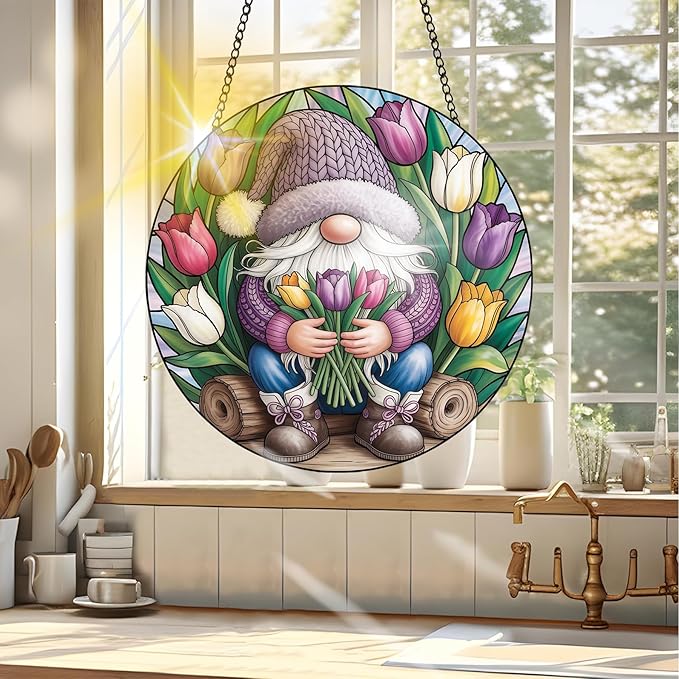 VAIIEYO Gnome Sun Catcher Stained Glass Window Hanging Ornament, Handmade Sun Catcher Spring Tulips Decoration with Hooks for Window Garden Home, Mother's Day & Birthday Housewarming Gift (7.8 inch)