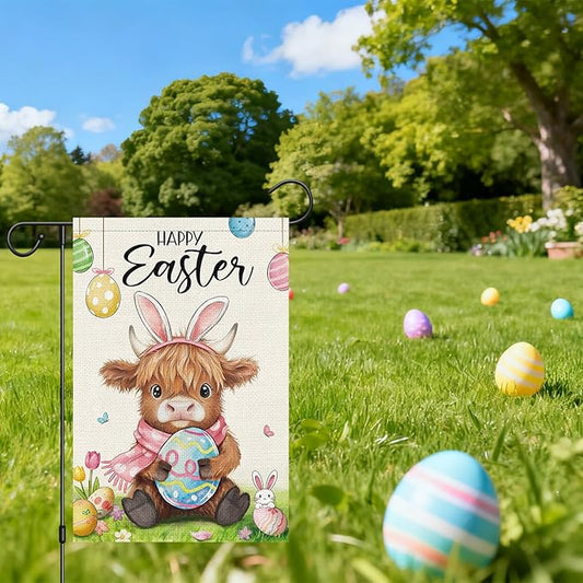 Heyfibro Happy Easter Highland Cow Bunny Garden Flag 12x18 Double Sided Burlap, Cute Cow with Bunny Ears & Easter Egg Yard Banner for Spring Holiday Farmhouse Yard Outdoor Decor(ONLY FLAG)