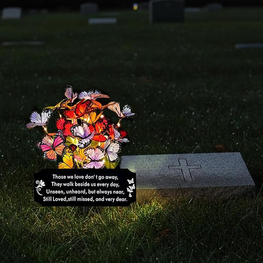 Solar Butterfly Memorial Stake for Graves - Metal Cemetery Garden Decor with LED Lights - Sympathy Remembrance Plaque to Honor Mother Father - Weatherproof Outdoor Bereavement Tribute(with Flowers)