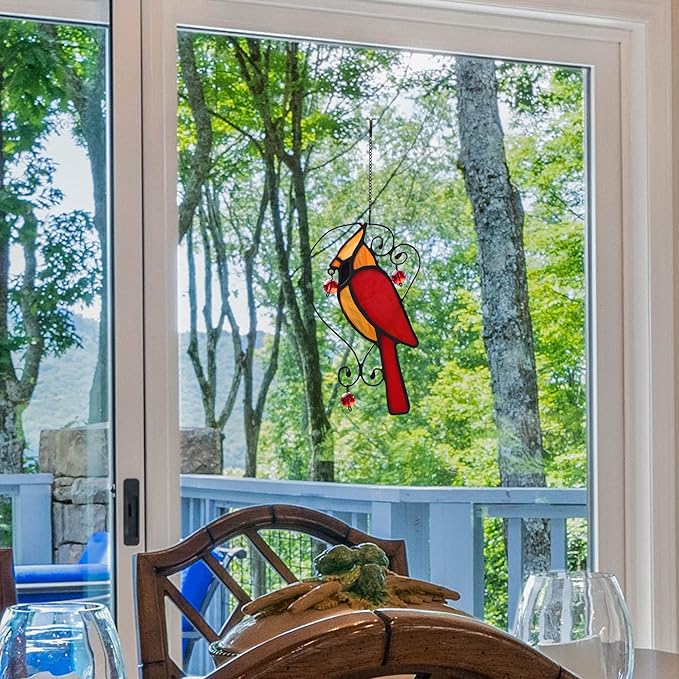 Red Cardinal Decor Stained Glass Window Hanging,Bird Ornaments Suncatcher for Window,Cardinal Gifts for Grandma,Mom, Sympathy Grief Memorial Gift (Red)