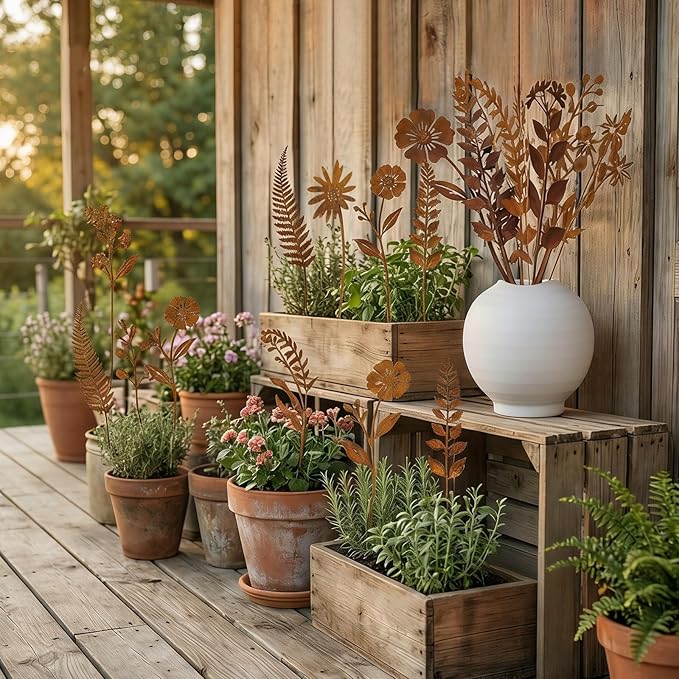10 Pcs Rusty Metal Flower Garden Stakes,Rustic Metal Fern Leaf Plants,Iron Art Plant Shaped Decoration for Outdoor Lawn Walkway Patio