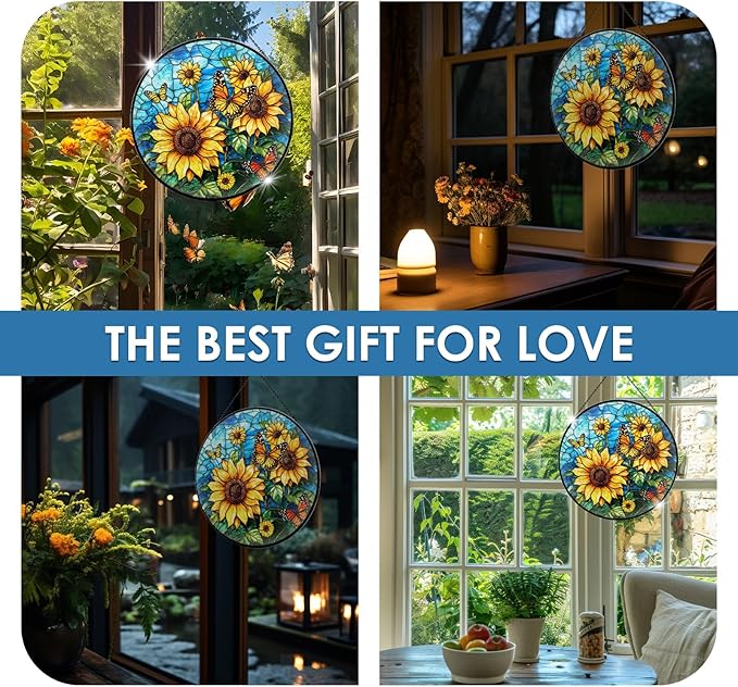 Sunflower Stained Glass Window Hanging, 7.9" Sunflower Sun Catcher Glass Panel with Chain, Sunflowers Hand Painted Round Wall Art Gifts for Women, Sunflowers Decor Christmas Housewarming Gift