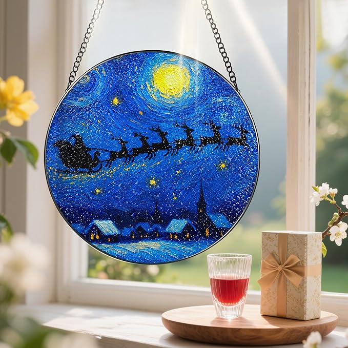 8-Inch Starry Night Santa Sleigh Stained Glass Window Hanging & Ornament: Stained Glass Suncatcher Ornament, Sun Catcher Window Decor – Gifts Exchange, Gift Idea, Gifts for Christmas & Holidays