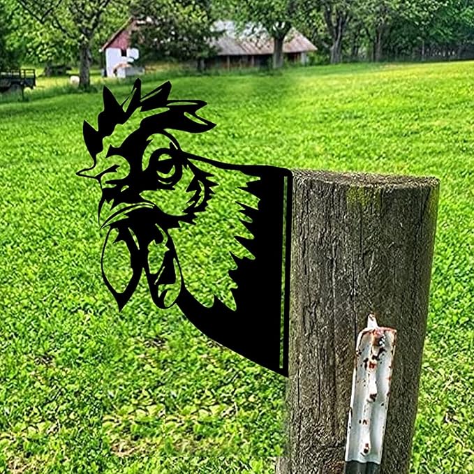 Farm Peeping Cow Metal Art Outdoor Decor Garden Fence Decoration, Farmhouse Backyard Hang Artwork Wall Decor, Outdoor Yard Patio Lawn Statue Gift for Loved Dad Grandpa (Rooster)