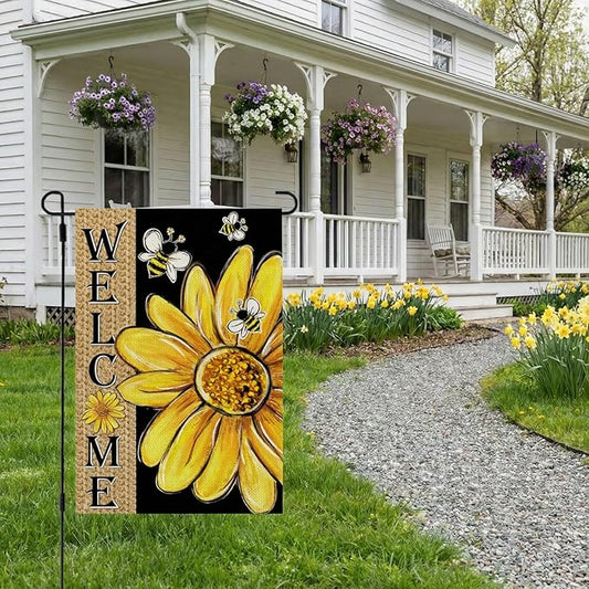 CROWNED BEAUTY Spring Summer Garden Flag Daisy Bee Welcome 12x18 Inch Double Sided Small Floral Summer Seasonal Holiday Decoration for Outdoor Lawn Yard
