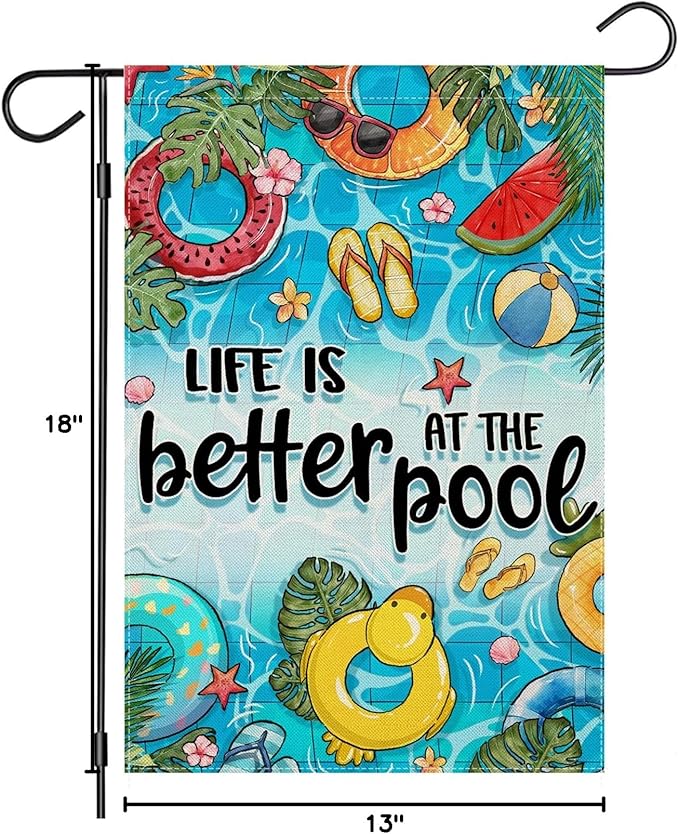 Summer Garden Flags for Outside, LIFE IS BETTER AT THE POOL Small Seasonal Decoration for Farmhouse Holiday Yard Outdoor Decor 12x18 Inch Double Sided