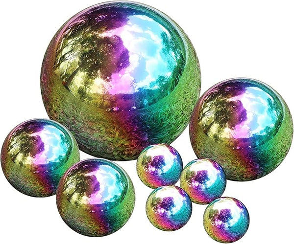 Pack of 8 Stainless Steel Gazing Balls Assorted 50-150mm Small Garden Gazing Globes Hollow Mirror Polished Seamless Reflective Sphere Balls for Home Yard Lawn Outdoor Decorations (Rainbow)