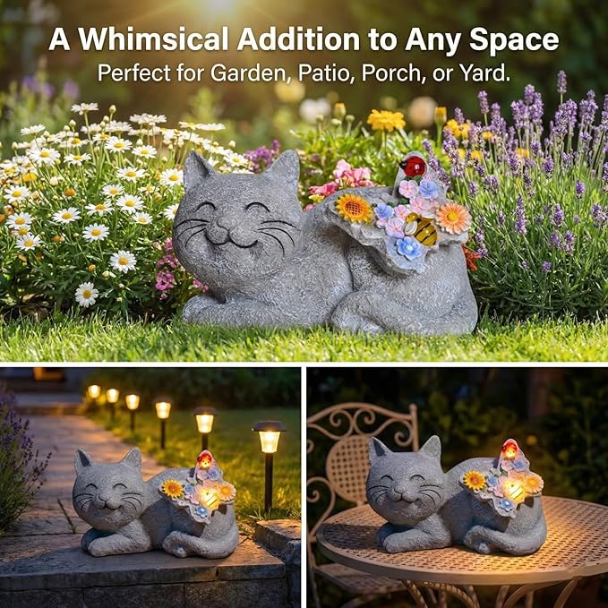 Solar Cat Garden Statue with LED Lights, Waterproof Resin Outdoor Cat Decor, Patio Lawn Yard Ornament, Unique Gifts for Women Mom