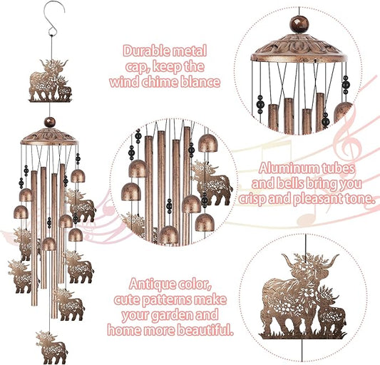 Highland Cow Wind Chime for Outside: Highland Cow Gifts for Women Men, Metal Wind Chime Yard Art, Soothing Home Garden Patio Outdoor Indoor Decor