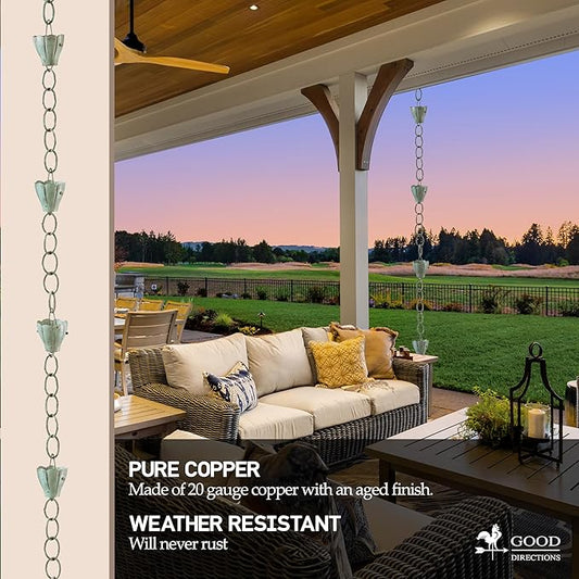Good Directions 491V1-8 Crocus Rain Chain 8-1/2 Feet Long, Large Cups, 100% Blue Verde Pure Copper