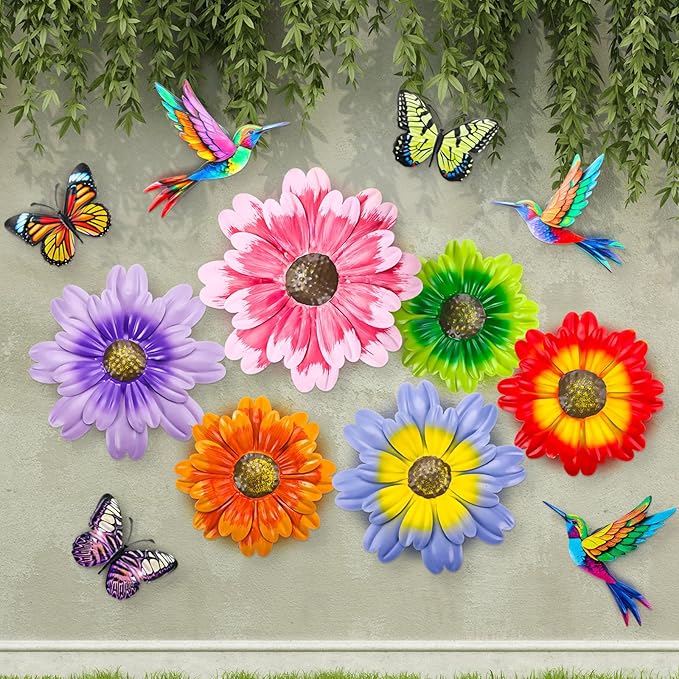 Colingmill 12 Pack Metal Flowers Butterfly Hummingbird Wall Art Decor 3D Metal Outdoor Wall Hanging Sculptures Decoration for Outdoor Garden Fence Yard Patio Indoor Living Room Balcony (Pink)
