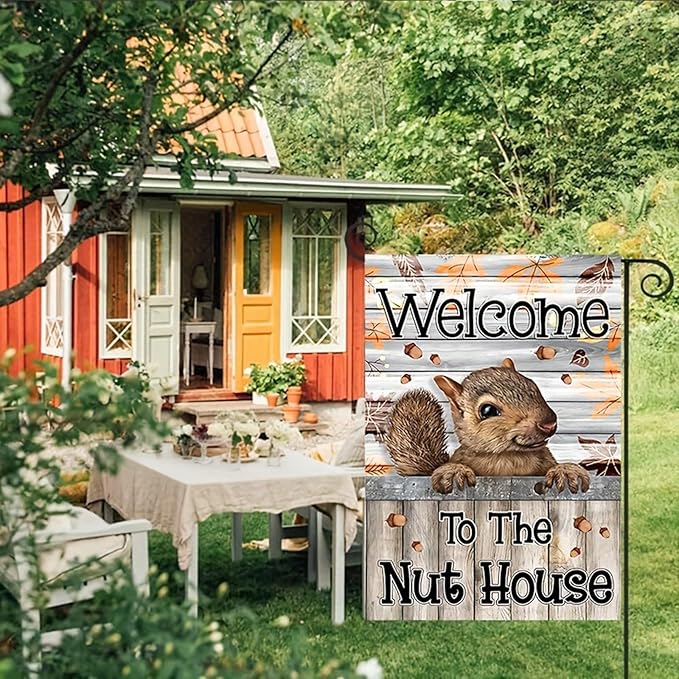 Welcome to the Nut House Garden Flag 12x18 Inch Double-Sided Outdoor Squirrel Decorations for Home Porch & Yard Outdoor Decoration