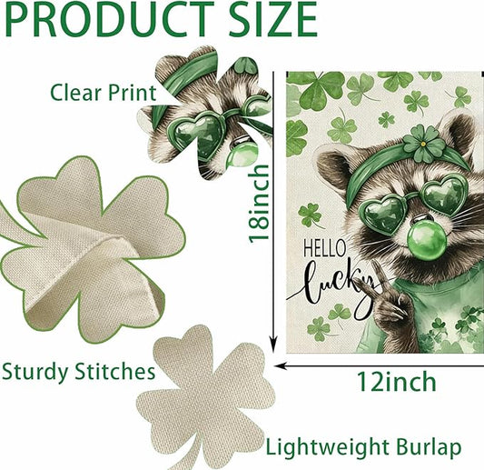 St. Patrick's Day Garden Flag, 12x18 Double Sided Raccoon Lucky Shamrock Garden Flags for Outside, St. Patrick's Day Decorations, Spring Seasonal Flags, Green Luck Clover Yard Flag for Outside Decor