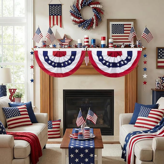 6 Pack American Pleated Fan Flag, 1.5 x 3 Ft Red White and Blue Half Fan Flag Bunting Banner, Patriotic Decor USA Bunting Flags Outdoor Indoor for Porch Garden Memorial Day 4th of July Decorations