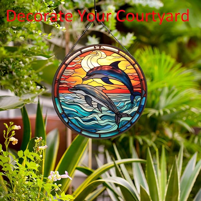 Jumping Dolphin Pattern Suncatcher Stained Glass,Hanging Stained Glass for Windows,20cm/7.87inch Sun Catcher Garden Hangings Ornaments Halloween Fall Christmas Decor for Home