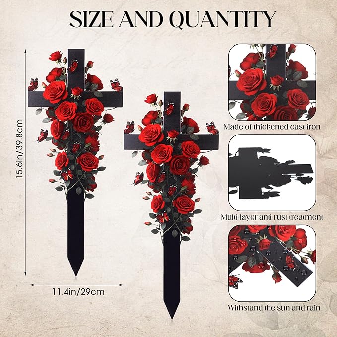 Frienda 2 Sets Cemetery Flowers Grave Stake Metal Floral Decor for Tombstone, Outdoor Gravesite Markers for Mom Dad, Memorial Day Spring Easter Grave Decor(Cross,Red)