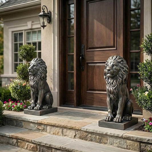 Sculptures Garden Statues, Outdoor Lion Statue 27in Tall, Magnesium Oxide Stone Composite Animal Sculpture Statue Decor for Home Decor Yard Patio Garden, Dark Gray with Gold Accents