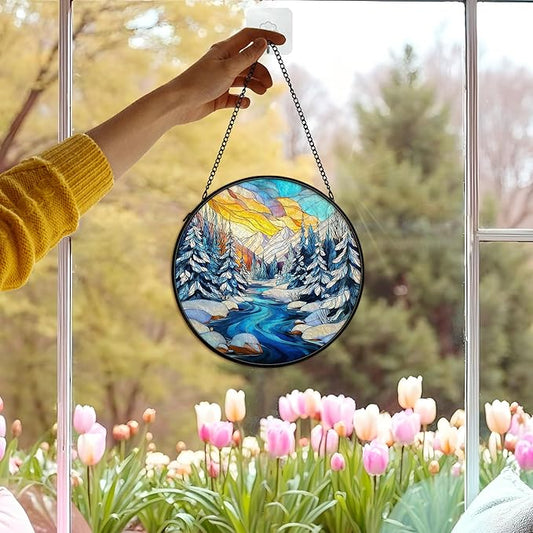 Winter Wonderland Christmas Suncatcher Stained Glass Window Hanging Decorstions, Landscape Stained Glass Wall Decor, Winter Solstice Gifts, Forest Garden Sun Catchers Window Art, 7.9x7.9 Inch