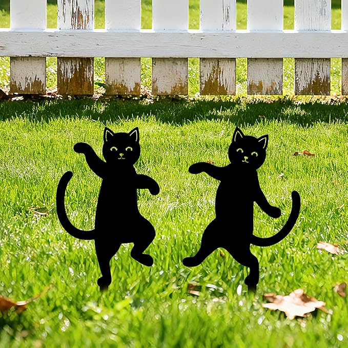 GLOBLELAND 2 Pcs Dancing Cat Garden Stakes for Yard Decor Black Cat Silhouette Metal Stakes Funny Animals Statues Lawn Yard Signs for Cat Lovers Outdoor Party Patio Landscape Decor