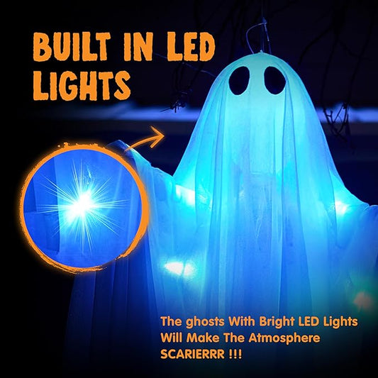 JOYIN 2 Pcs 47” Halloween Light up Hanging Ghost Decoration Outdoor, Halloween Hanging Ghosts Decoration with Blue LED Light for Front Yard Patio Lawn Garden Party Decor Indoor Outdoor