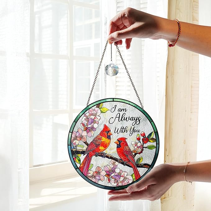 Cardinal Suncatcher Memorial Stained Glass for Window Hanging, Red Cardinal Im Always with You Sympathy Gift, Stained Glass Red Bird Remembrance Ornament for Mom, Grandpa, Loved One
