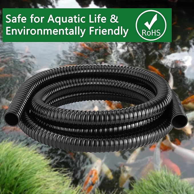 1 Inch Pond Tubing – 10ft Flexible PVC Corrugated Pond Hose with 2 Stainless Steel Hose Clamps, Kink-Proof Black Plastic Pump Tubing for Garden Ponds, Waterfalls, Filters & Drainage