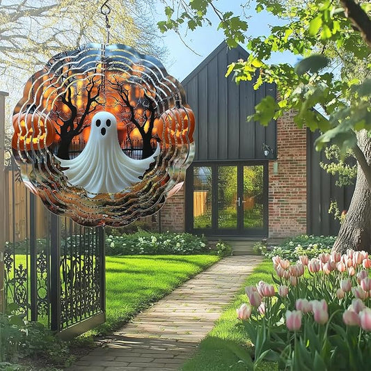 Halloween Ghost Wind Spinners Outdoor, Hanging Wind Spinner for Garden Decoration, 8 inch 3D Stainless Steel Metal Wind Sculpture for Indoor/Outdoor Decor