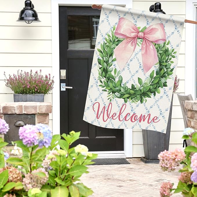 Dyrenson Welcome Pink Bow Wreath 28 x 40 House Flag Double Sided, Coquette Ribbon Eucalyptus Leaves Garden Yard Decoration, Botanical Plants Burlap Outdoor Decor Decorative Large Flag
