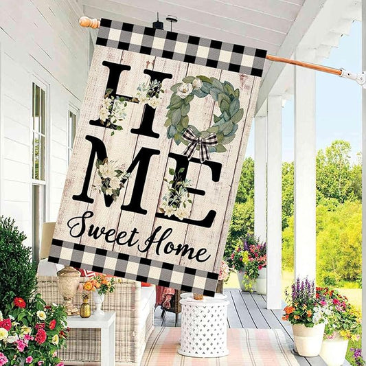 ORTIGIA Summer House Flag Burlap Vertical Double Sided 28 x 40 Inch Home Sweet Home Magnolia Large House Flag Spring Farmhouse Rustic Buffalo Check Plaid Home Front Yard Patio Outside Outdoor Decor