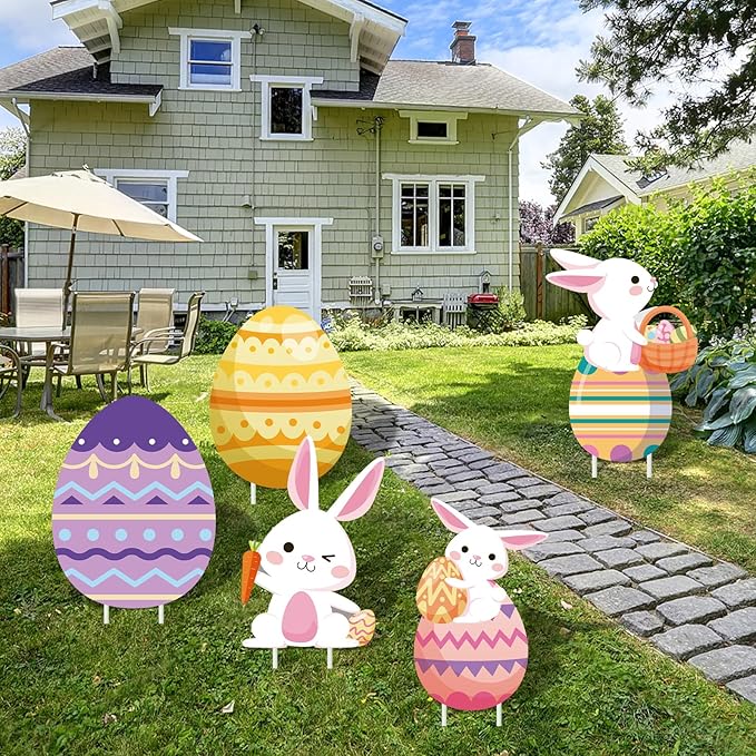 48 Inch Easter Bunny and Egg Yard Signs with Stakes - Large Bunny and Egg Stackable Designs for Outdoor Garden and Lawn Decorations for Easter Day Party Favors, Spring Holiday Celebrations