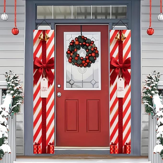 BlissYard Red White Christmas Porch Decorations 12x71 Inch Welcome Hanging Banner Porch Signs for Holiday Decor Gift Box Door Banners for Christmas Winter Home Porch Outdoor Decoration for Front Door
