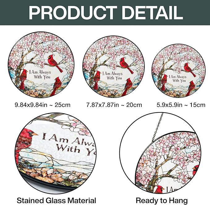 Cardinal Suncatcher Stained Glass Window Hanging Decor - Red Cardinals Memorial Gifts for Loss of Loved One, Cardinal Remembrance Gifts for Women Grandma Mom, Mothers Day Birthday