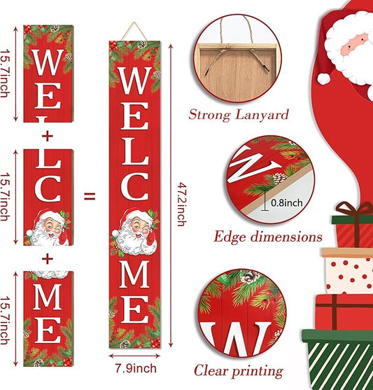 Christmas Wooden Porch Sign 47" Santa Claus Large Welcome Porch Sign for Home Front Door Yard Party Decor(Red)