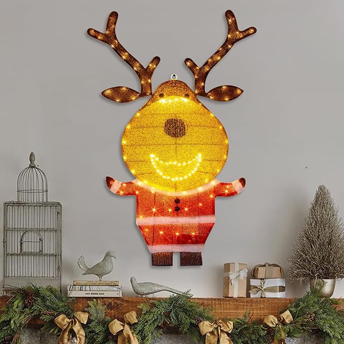 EAMBRITE Lighted Reindeer Christmas Decorations Outdoor, Animated Deer with Motion Sensor & Music, 2-in-1 Yard Stake Hanging Wall Decor for Indoor Holiday Decorations, Outside Yard Patio Home Decor