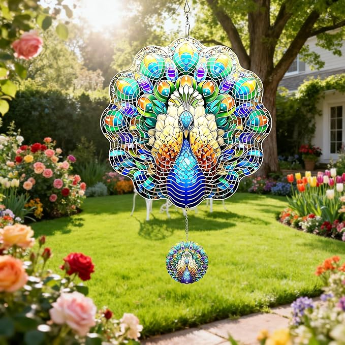 MXJSUA Peacock Wind Spinners for Indoor Outdoor Garden Decoration, 12 Inch Peacock Stainless Steel Hanging Wind Spinners Ornaments Crafts for Gifts