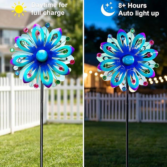 Solar Wind Spinner Outdoor Metal Garden Decor – 60.63'' Kinetic Flower Sculpture with Color-Changing LED Crackle Glass Ball & Gemstone, Waterproof Wind Catchers for Patio, Yard, Lawn Art Decoration