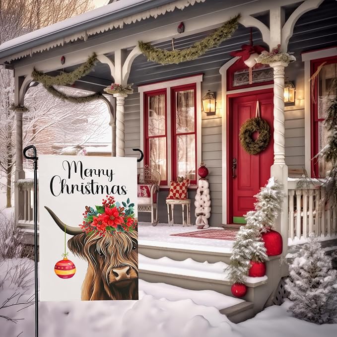 Merry Christmas Garden Flag Highland Cow with Santa Ball Premium Yard Flags Red Holly Flowers Double Sided House Banners Xmas Cows Seasonal Happy Holiday Farmhouse Banner 12x18 Inch