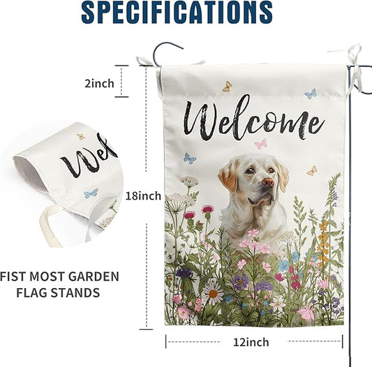 Floral White Lab Garden Flag Spring Summer Yard Flag Flower Dog Labrador Garden Flags for Outside Small Outdoor Welcome Flags 12x18 Double Sided