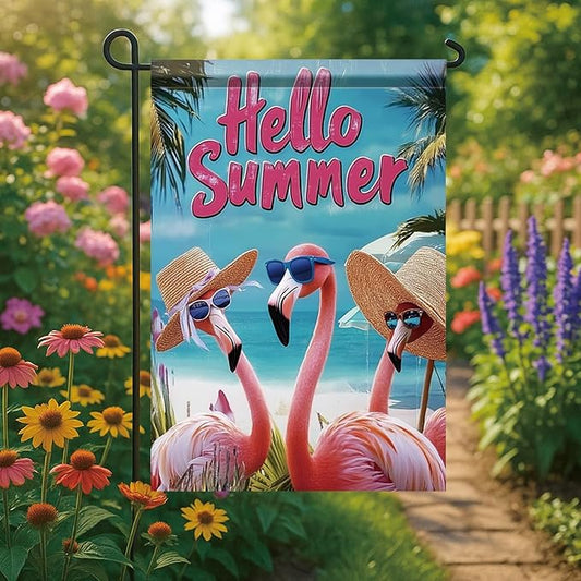 Summer Garden Flag 12x18 Inch Flamingo Hello Summer Tropical Beach Ocean Palm Tree Design Outdoor Yard Porch Lawn Patio Poolside for Seasonal Coastal Farmhouse Home Decor