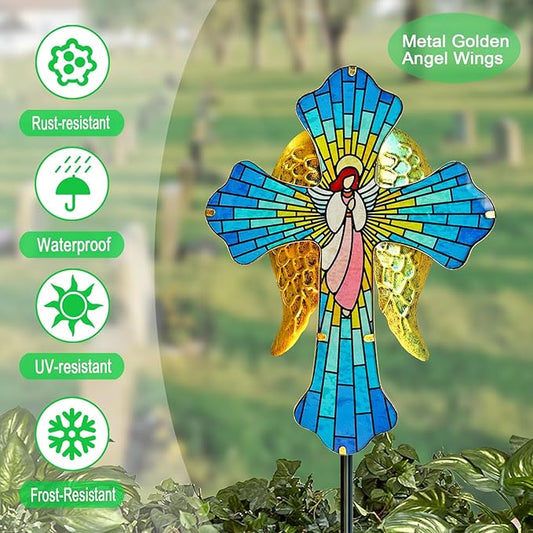 Solar Cross Garden Stake Lights for Outdoor,Cemetery Decorations Yard Patio Decor,Angel Wings Cross Solar Christmas Lights Outside,Memorial Gifts