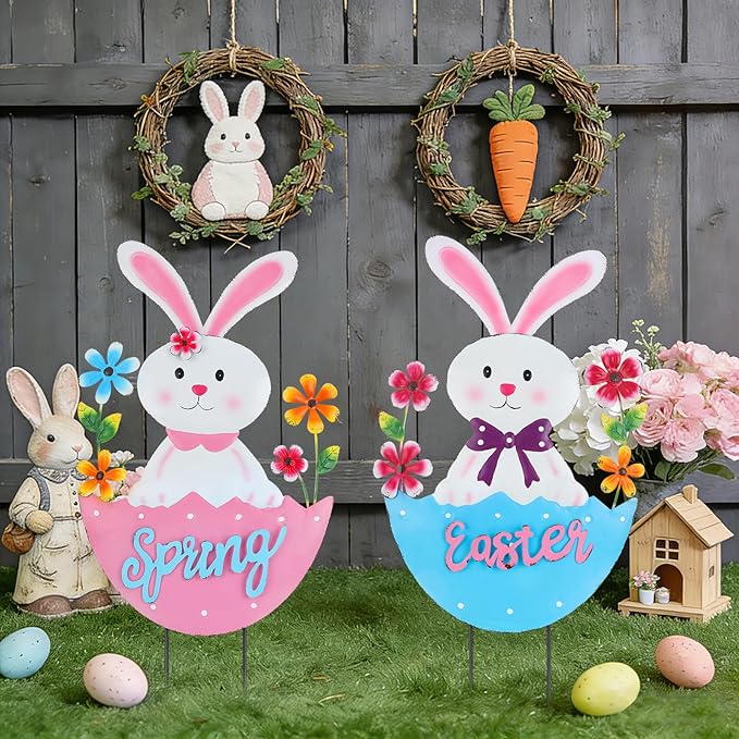 2 Pack Easter Rabbit Outdoor Decor - Spring Bunny Yard Signs with 3D Letters Metal Easter Bunny Lawn Stakes for Garden Pathway Easter Party Decor