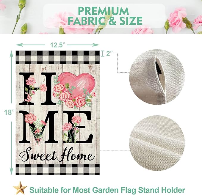 ORTIGIA Happy Mothers Day Garden Flag 12.5 x 18 Inch Double Sided Home Sweet Home Carnation Floral Flower Wedding Anniversary Yard Flag Summer Holiday Outdoor Outside Decoration