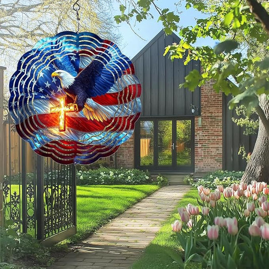 American Flag Eagle Wind Spinner Outdoor, 8 Inch 3D Metal Garden Wind Spinner, Stainless Steel Patriotic Yard Hanging Decor Gift