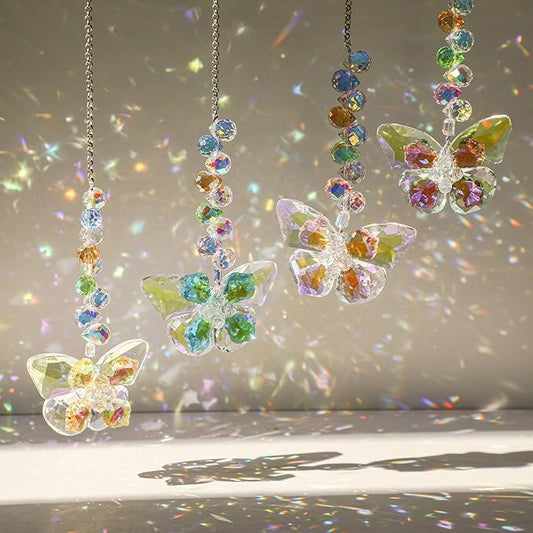 HDCRYSTALGIFTS 4pcs Crystal Butterfly Suncatchers for Window Hanging Rainbow Maker Sun Catchers Indoor Glass Butterfly Decoration for Spring Home Garden Decor, for Mom Women