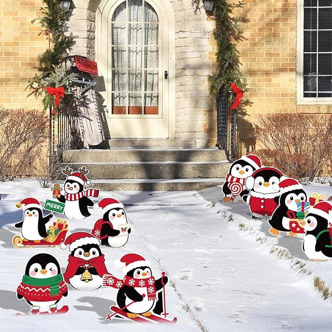 10-Piece Christmas Penguin Yard Signs with Stakes Decorations – 10 Assorted Designs 12 Inches Large Holiday Penguin Signs for Outdoor Garden and Lawn Winter Party Favor