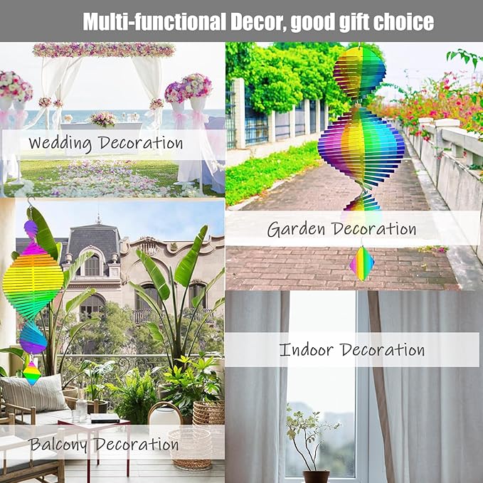 2pcs in Set Gradient Rainbow Helix Metal Wind Spinners for Yard and Garden,12 Inch 3D Stainless Steel Hanging Kinetic Yard Art Wind Sculpture Decor Outdoor Indoor (Cold Pattern)